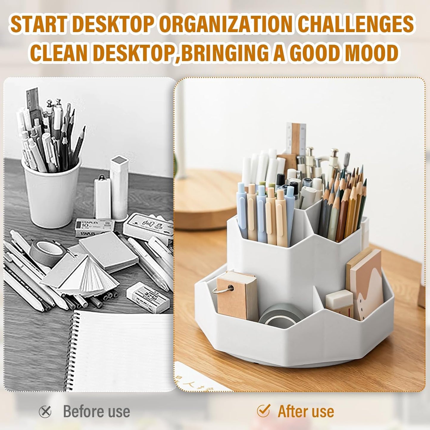 360 Degree Rotation Pen Holder,9 Slots Pencil Holder for Desk,Desk Organizer,Desk Accessories & Workspace Organizers,Apply Office, School, Home（Grey
