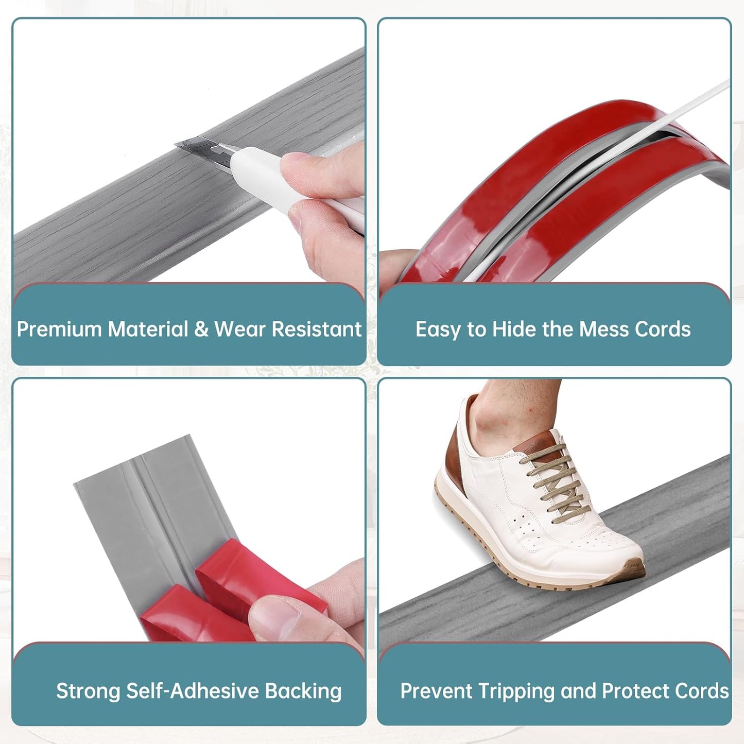 Floor Cord Cover Self Adhesive Cord Hider Floor Extension Cord Covers for Floor Power Cord Protector Cable Management Prevent Cable Trips Cable Cavity 0.51" W x 0.31" H (Light Grey Wood, 3.3Ft)