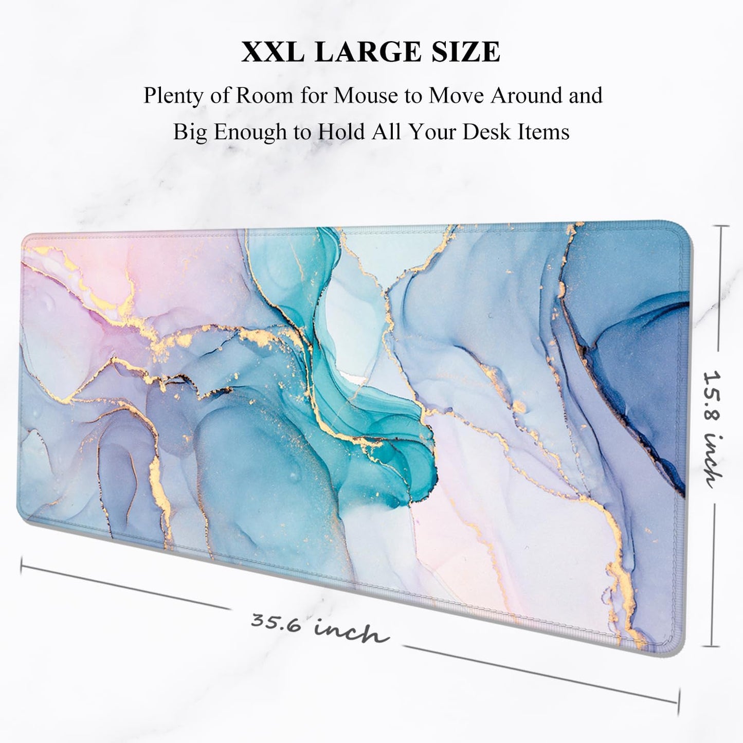 Auhoahsil Large Gaming Mouse Pad, Marble Theme XXL 35.4 x 15.7 in Desk Pad Stitched Non-Slip Rubber Long Computer Mousepad Thin Extended Full Size Desk Mat for Desktop Laptop Wireless Mice, Teal Pink