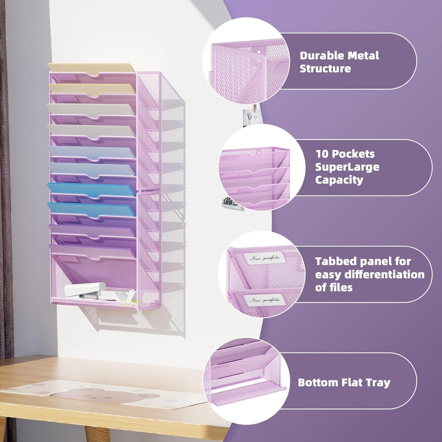 Marbrasse Wall File Holder 11-Tier Hanging Wall File Organizer, for Papers, Files Clipboard & Magazine Organizer, Wall Mount File Holder Great for Office Home (Purple)
