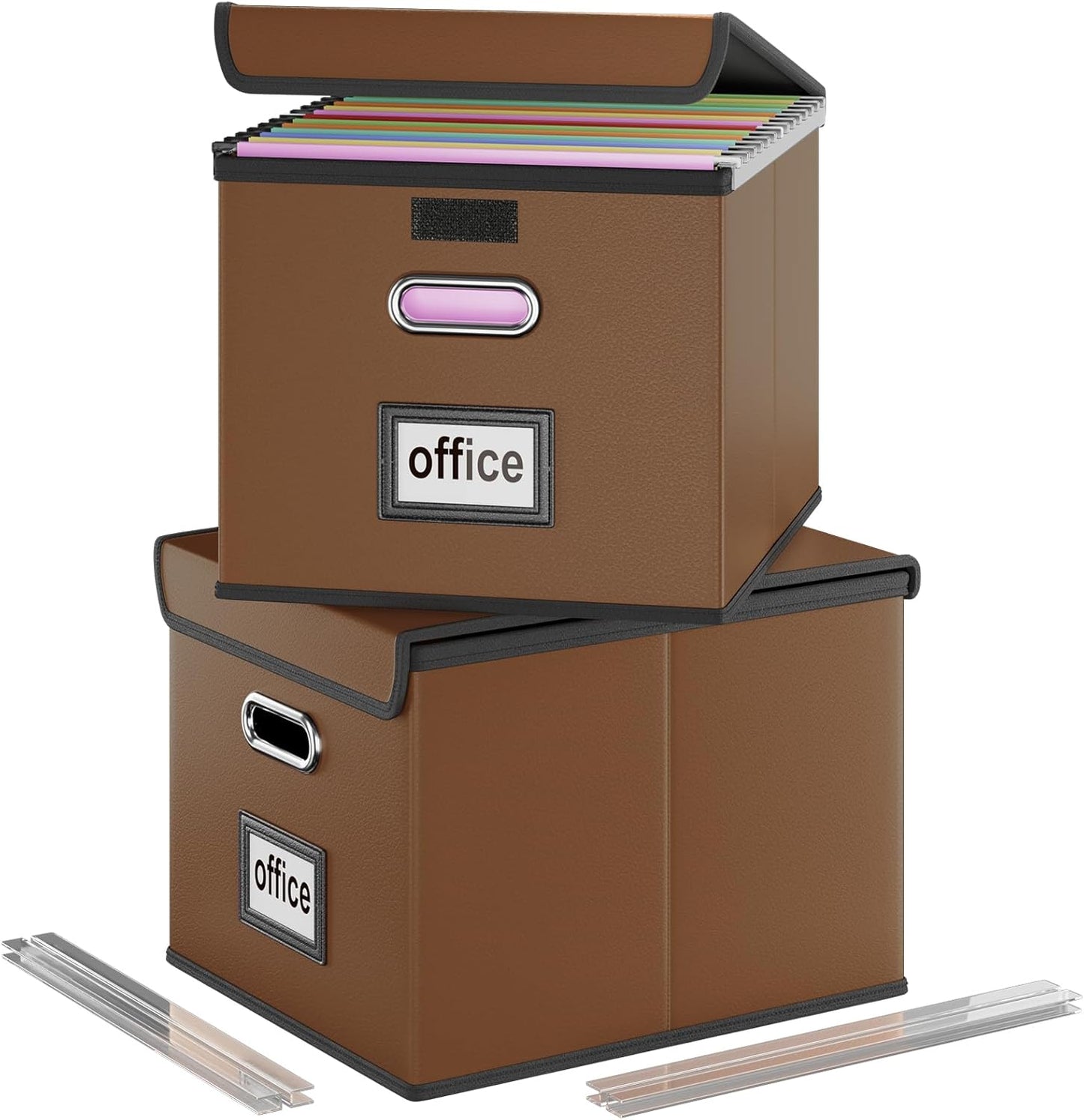 Huolewa File Organizer Boxes with Lids, Collapsible Faux Leather Hanging File Folder Box Organizer with Plastic Slide, Decorative Home/Office Filing System Boxes for File and Folders Storage