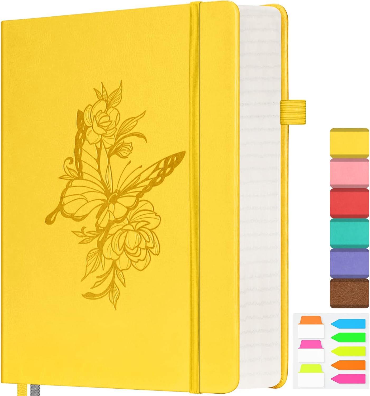 Lined Notebook Journal for Women Men, 312 Numbered Pages B5 Thick Leather Journals for Writing, Daily Diary Journal for Work School, Hardcover College Ruled Notebook, Butterfly Flower Notebook, Yellow