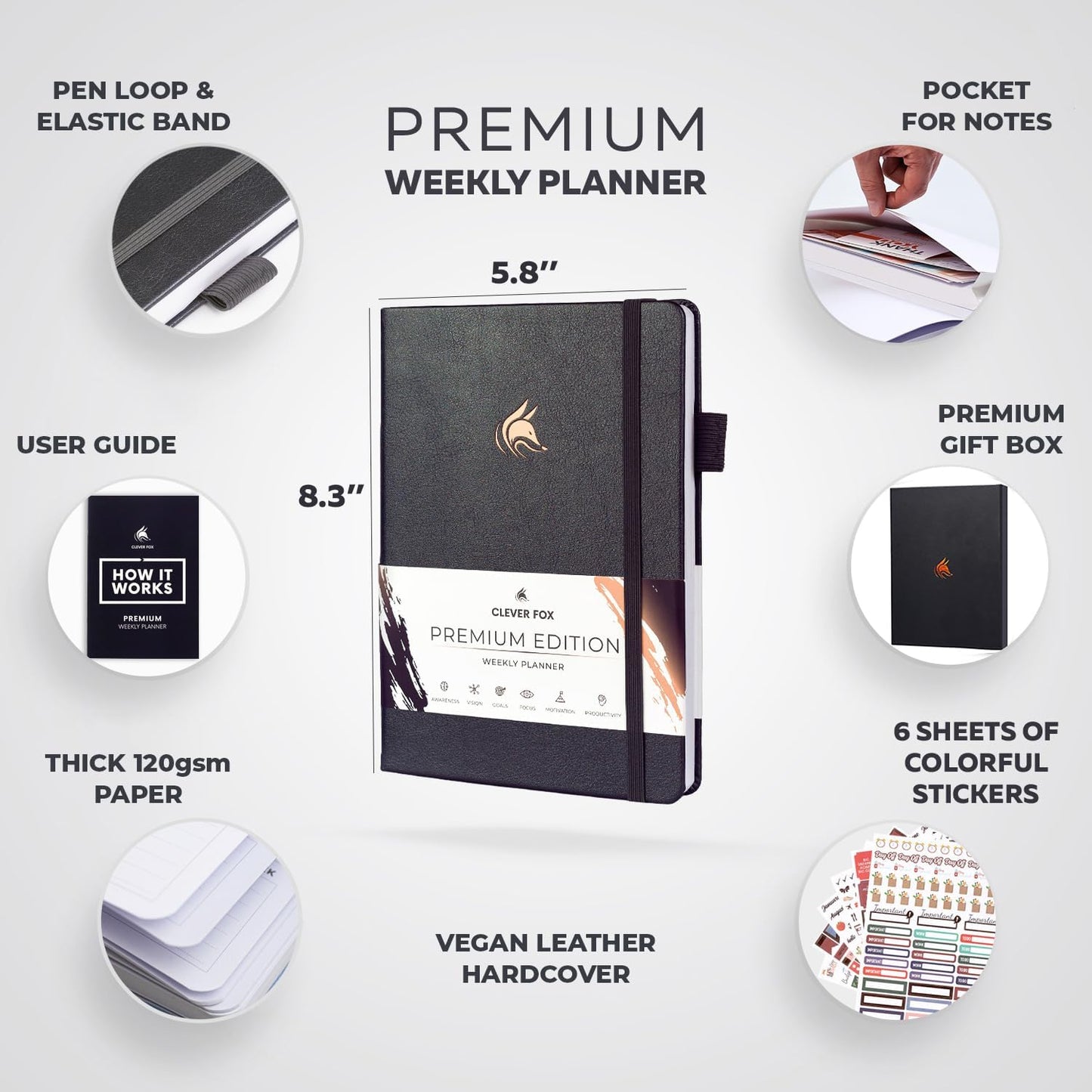 Clever Fox Planner Premium Edition – Undated Luxurious Weekly & Monthly Planner to Increase Productivity and Hit Your Goals – Organizer – Start Anytime, A5, Lasts 1 Year, Silver Black (Weekly)