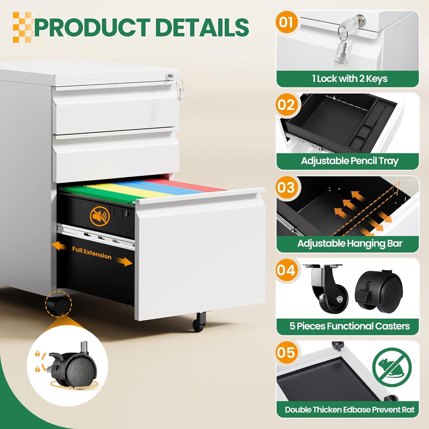 3 Drawer Mobile File Cabinet with Lock,Under Desk Storage Cabinet for Home Office,Vertical Filing Cabinet Fits A4 or Letter Size(Unassembled,White)