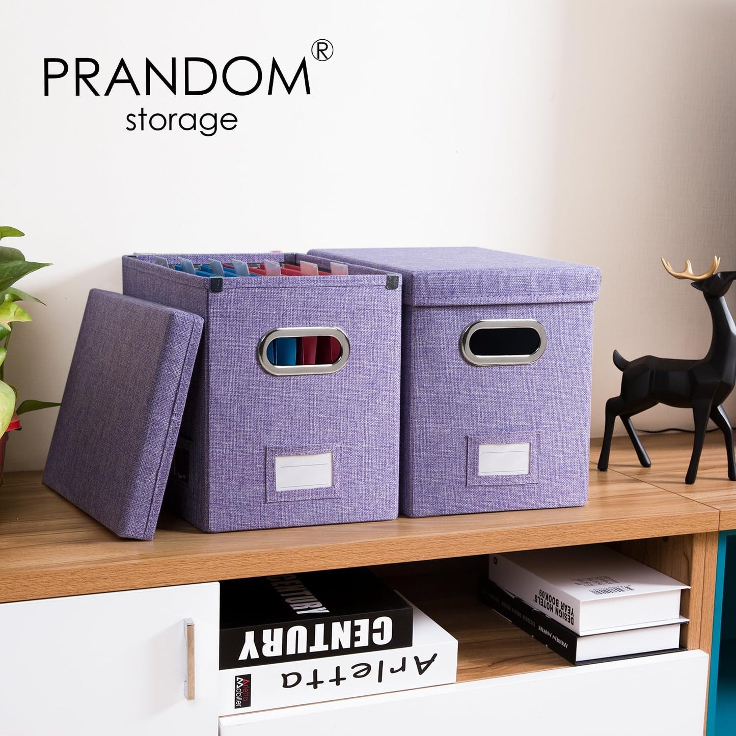PRANDOM File Organizer Box - Set of 4 Collapsible Decorative Linen Filing Storage Hanging File Folders with Lids Office Cabinet Letter Size Purple (14x9.3x10.8 inch)
