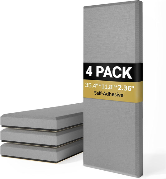 TONOR 4 PCS Large Acoustic Panel, 35.4″ * 11.8″ * 2.36″ 3D Fiberglass Sound Proof Panel with Full Self-adhesive, Decorative Echo Absorbing Wall Panel, for Studio, Living Room, Home, Office, Grey