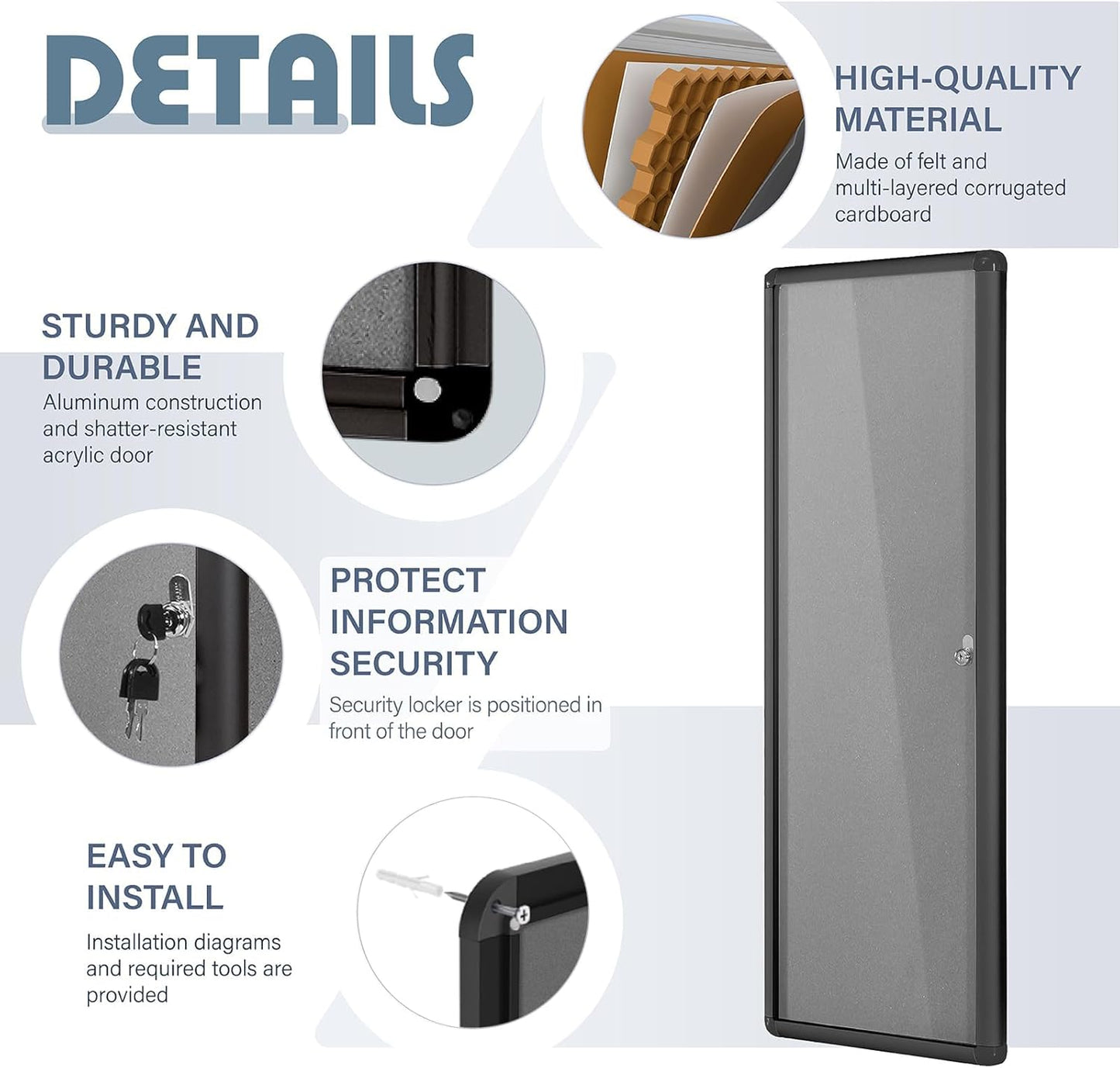 Enclosed Bulletin Board,Lockable Noticeboard with Locking Door,Wall Display Case for Indoor, Tamperproof and Shatter Resistant, Black, Aluminum Frame, 38 x 14 in