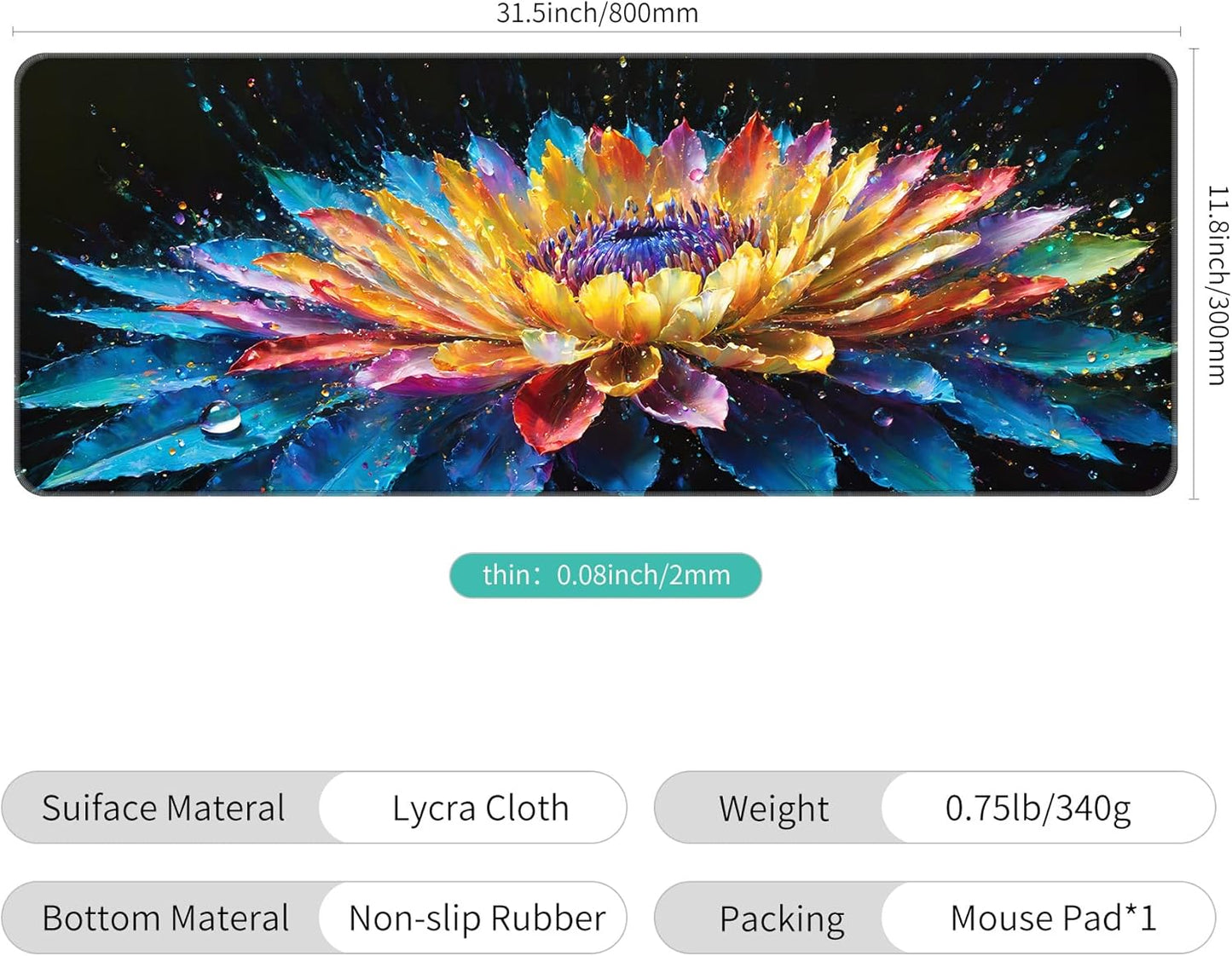 Dynippy Thin Extended Gaming Mouse Pad （31.5 * 11.8 * 0.08 inch） with Stitched Edges Large, Long XXL Keyboard and Mouse pad Desk Mat for Gaming Office & Home - Flower 30