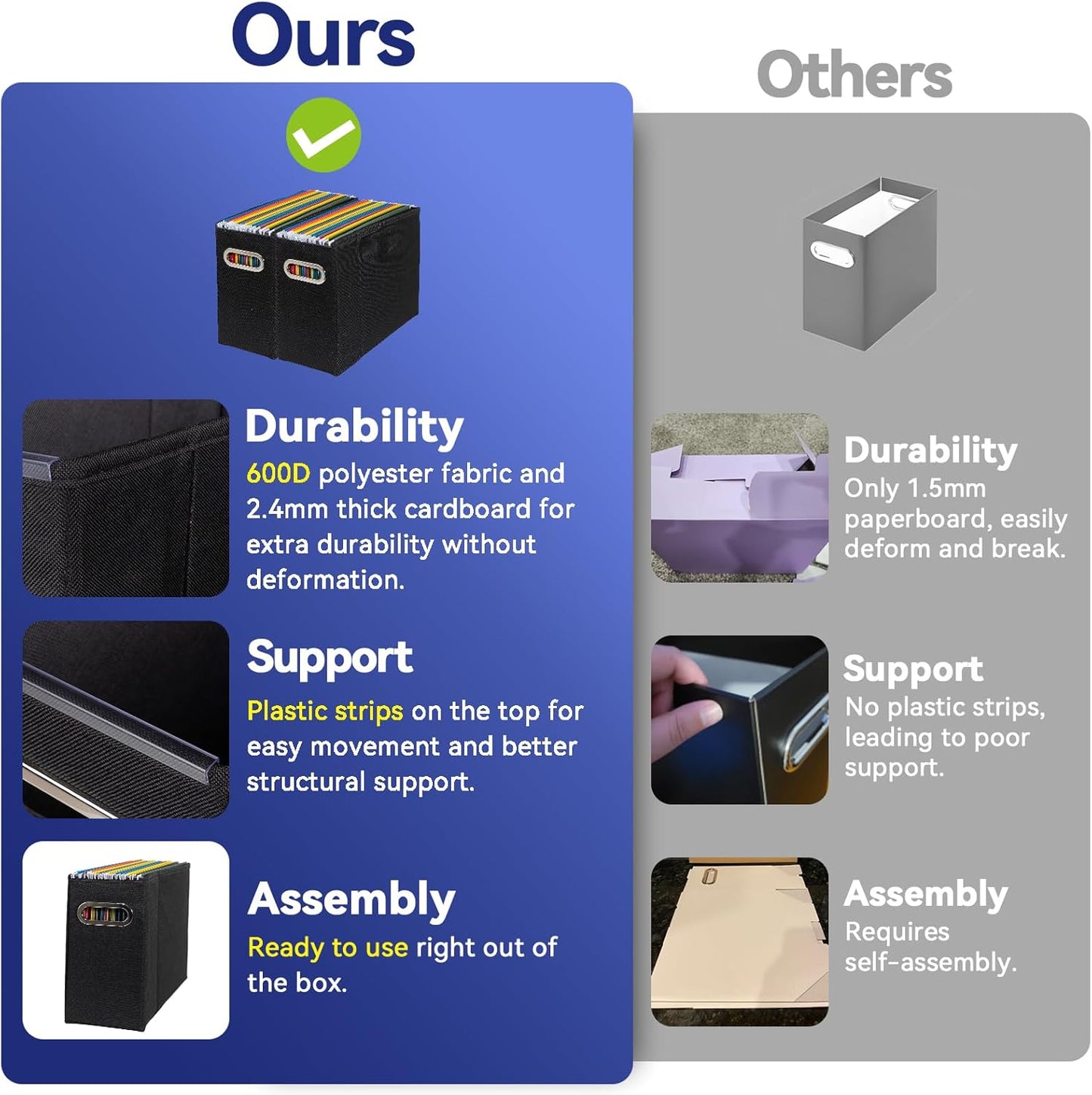 6 Packs Letter Size File Organizer, File Folders Organizer, Fabric Storage Box, Collapsible Paper Organizer with Metal Handle, Smooth PVC Rails, Only Box (Black)