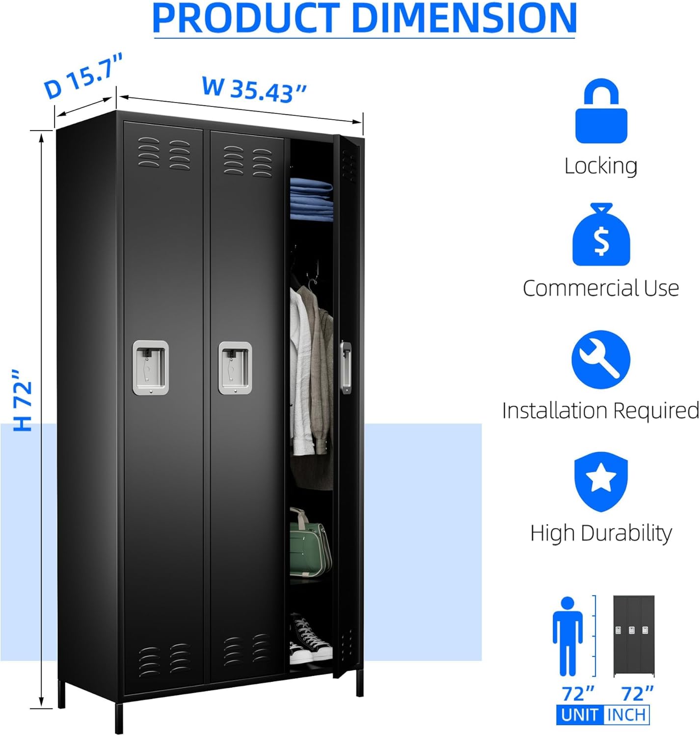 3 Doors Metal Lockers for Employees with Lock, Metal Locker with 9 Hooks for School Garage Office Gym Home,Assembly Required,Black