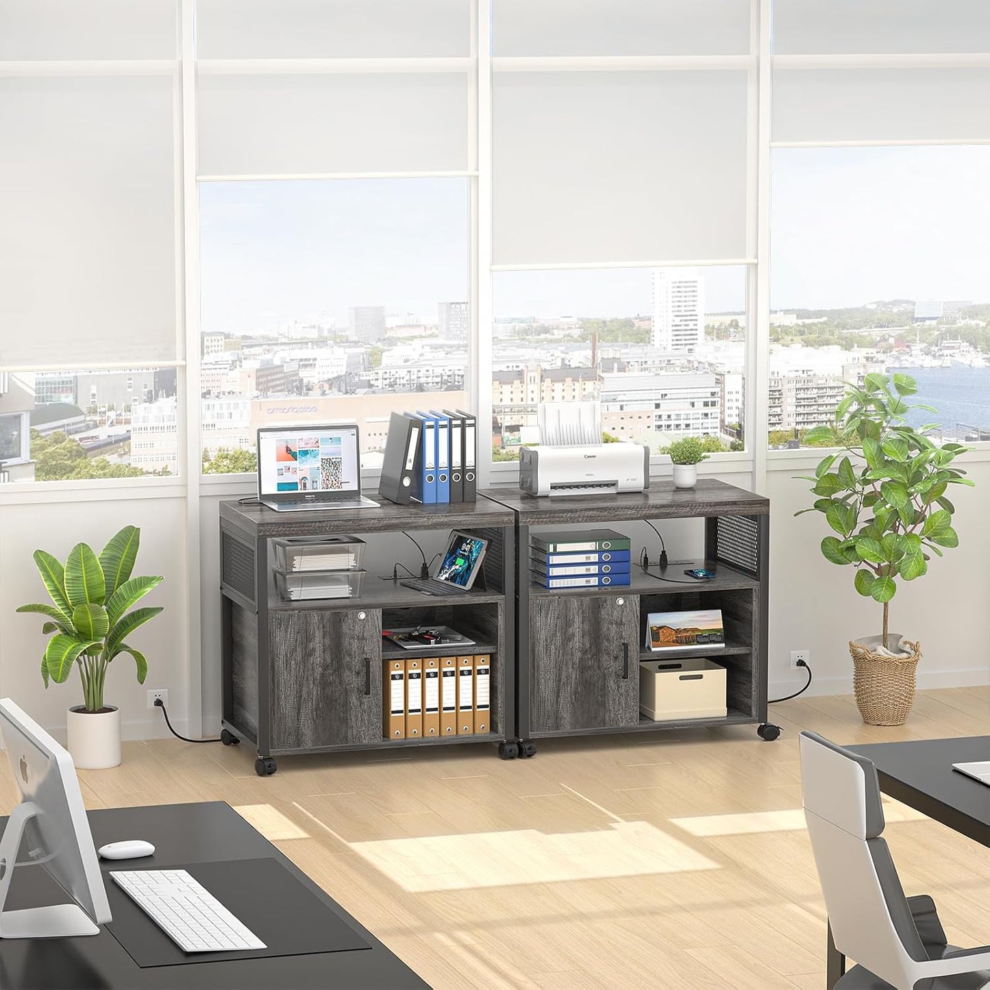 Unikito Rolling File Cabinet Lateral Office Filing Cabinets with Socket and USB Charging Port, Modern Printer Stand on Wheels Printer Cabinet with Door and Open Storage, Lockable, Black Oak