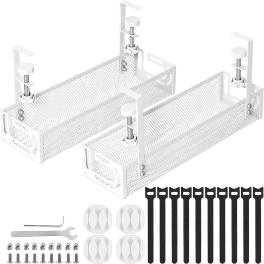 Cable Management, 2 Pack Cable Management Under Desk No Drill, Metal Cord Organizer with Clamp for Standing Desk, Cable Organizer for Home Office, White