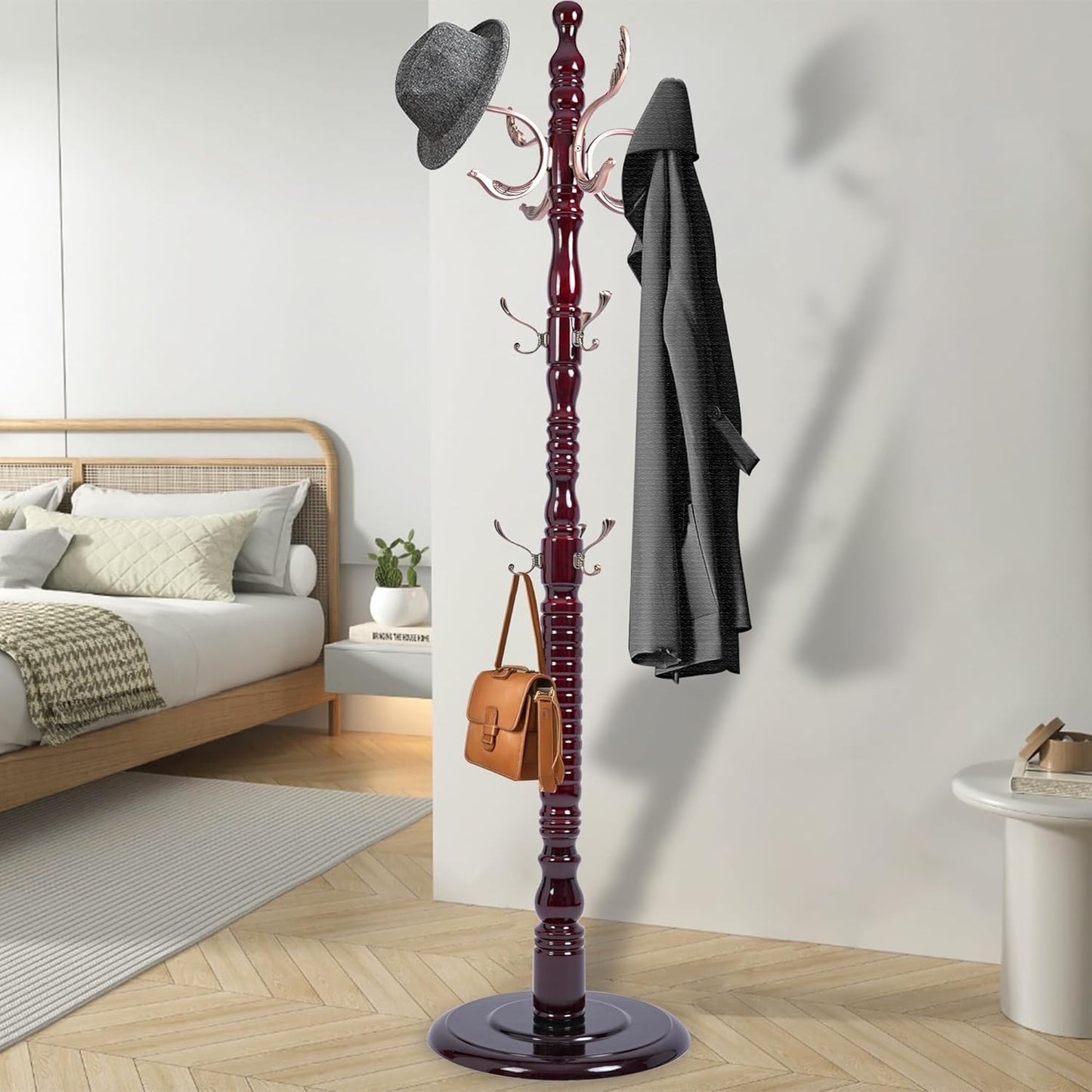 Vintage Free Standing Coat Rack with Disc Base, Solid Wood Coat Hanger Stand with 20 Metal Hooks and 3 Adjustable Size, Standing Coat Rack Tree for Entryway, Bedroom, Hallway, Office, Apartment