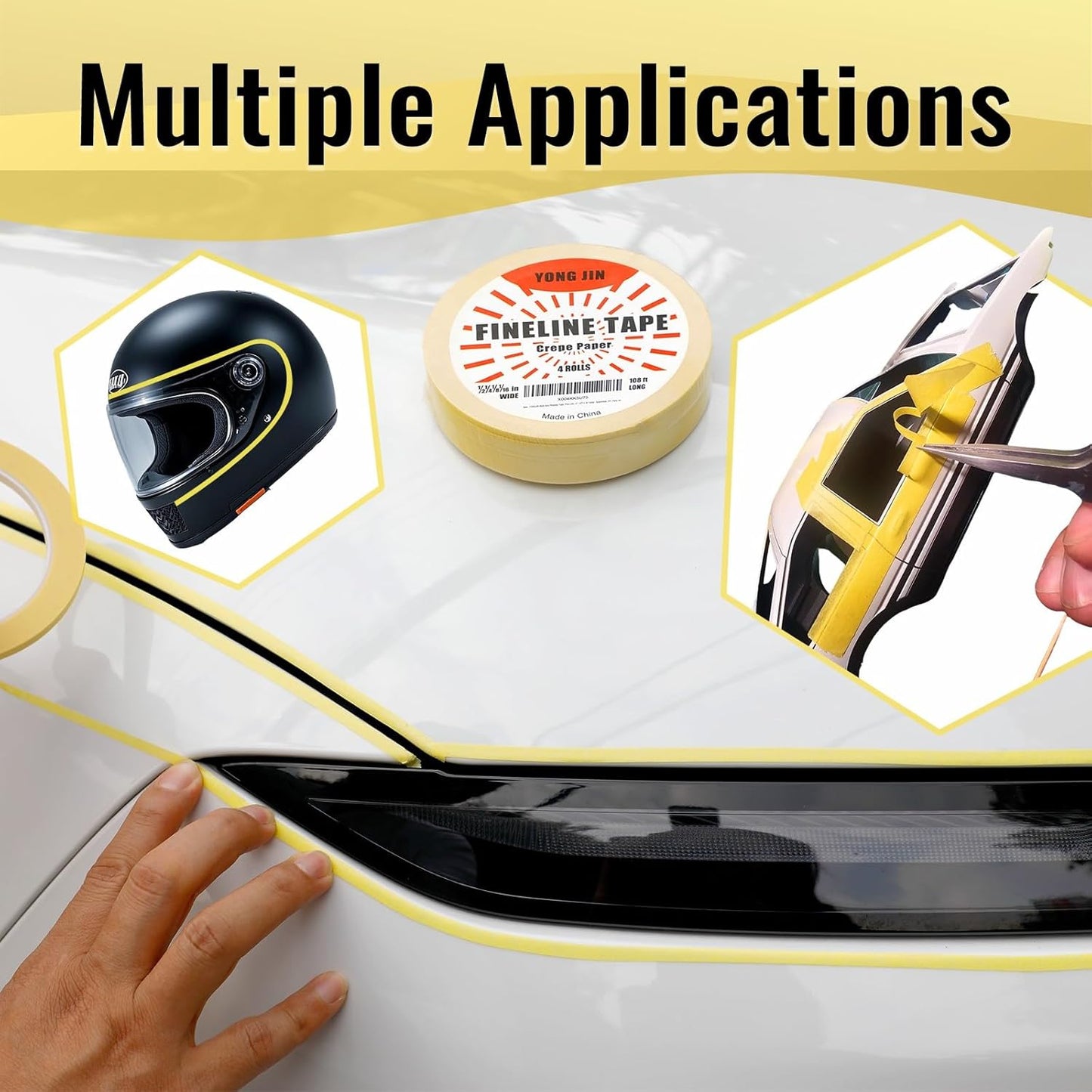 YONGJIN Multi-Size Pinstripe Tape, Fine Line Masking Tape Set for Automotive, DIY, Paint, Art (1/16", 1/8", 1/4", 1/2")