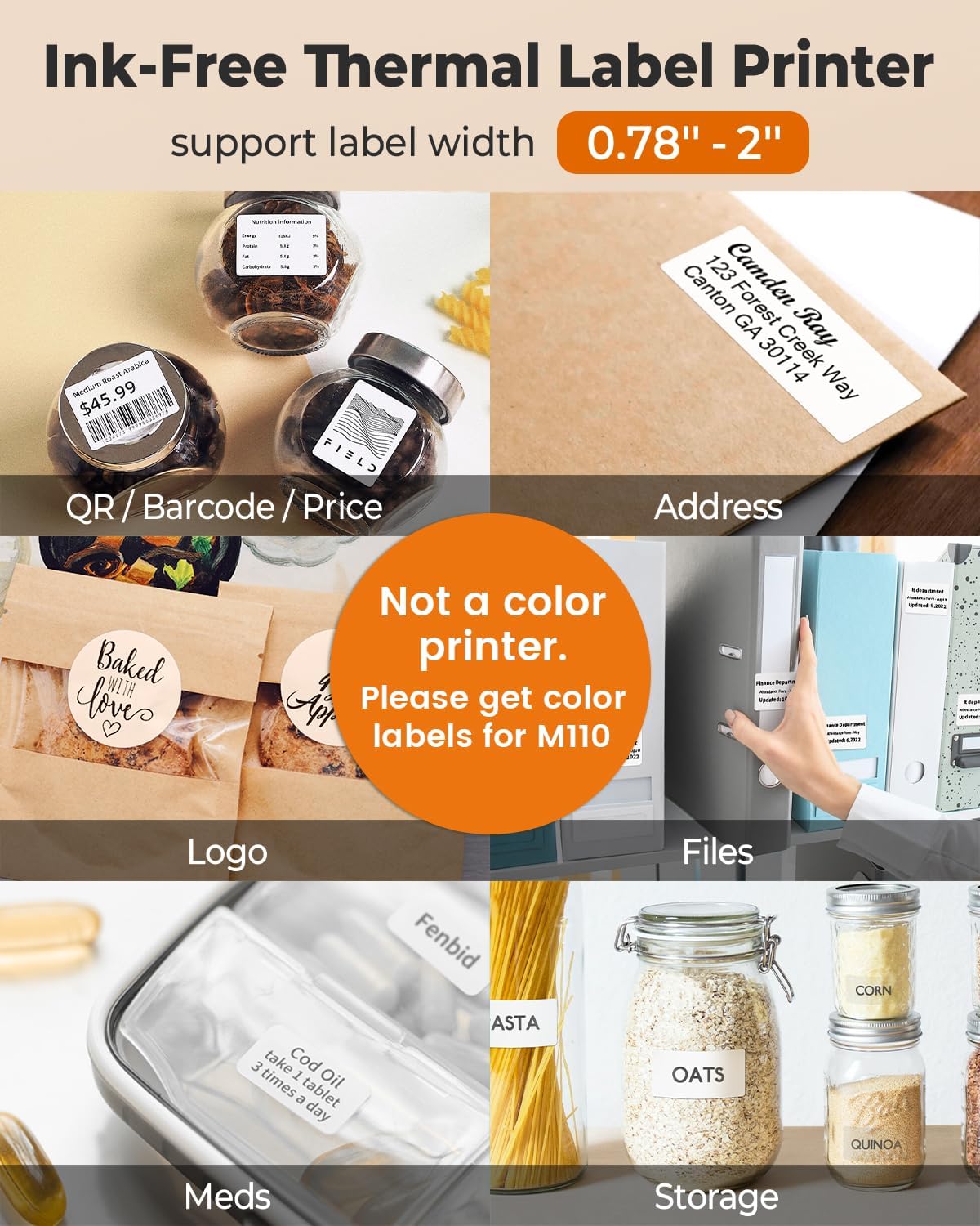 Phomemo M110 Label Printer - Bluetooth Portable Label Maker No Ink, Mini Barcode Label Printer for Retail, Address, Barcode, Home, for PC/Mac, iOS/Android with 3pack Most Used Labels, Snow White