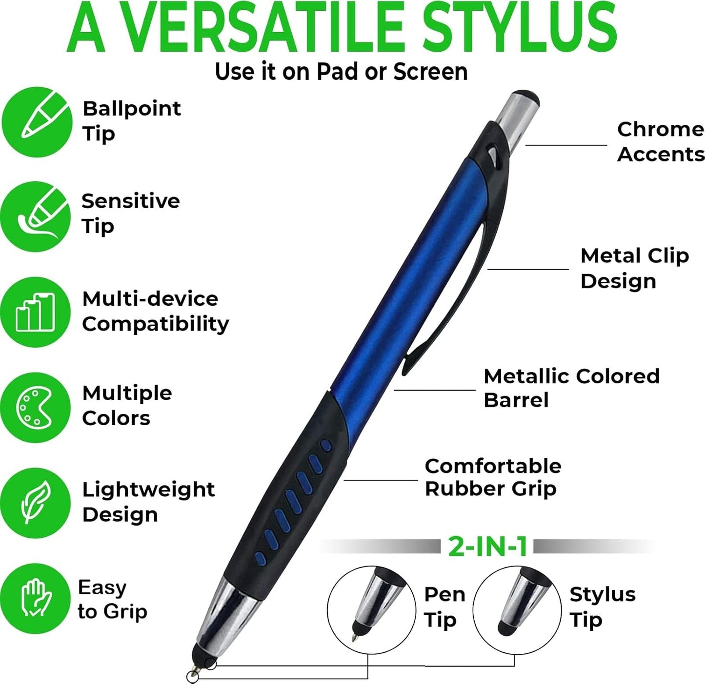 Stylus Pen, 2 in 1 Capacitive Stylus & Ballpoint Click Pen with Comfort Grip for Universal Touchscreen Devices,Tablets, iPad, iPhone 6,6 Plus, iPod, Android, Samsung Galaxy(Metallic 10 Pack)