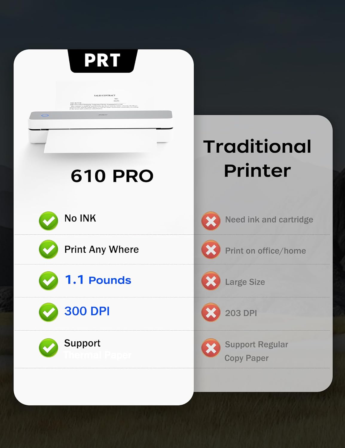 PRT Portable Printer Wireless for Travel, Inkless Bluetooth Small Mobile Thermal Printer, Support 8.5" X 11", A4, Compatible with iOS, Android, Laptop for Home Use, Office & Vehicles, 300 DPI, White