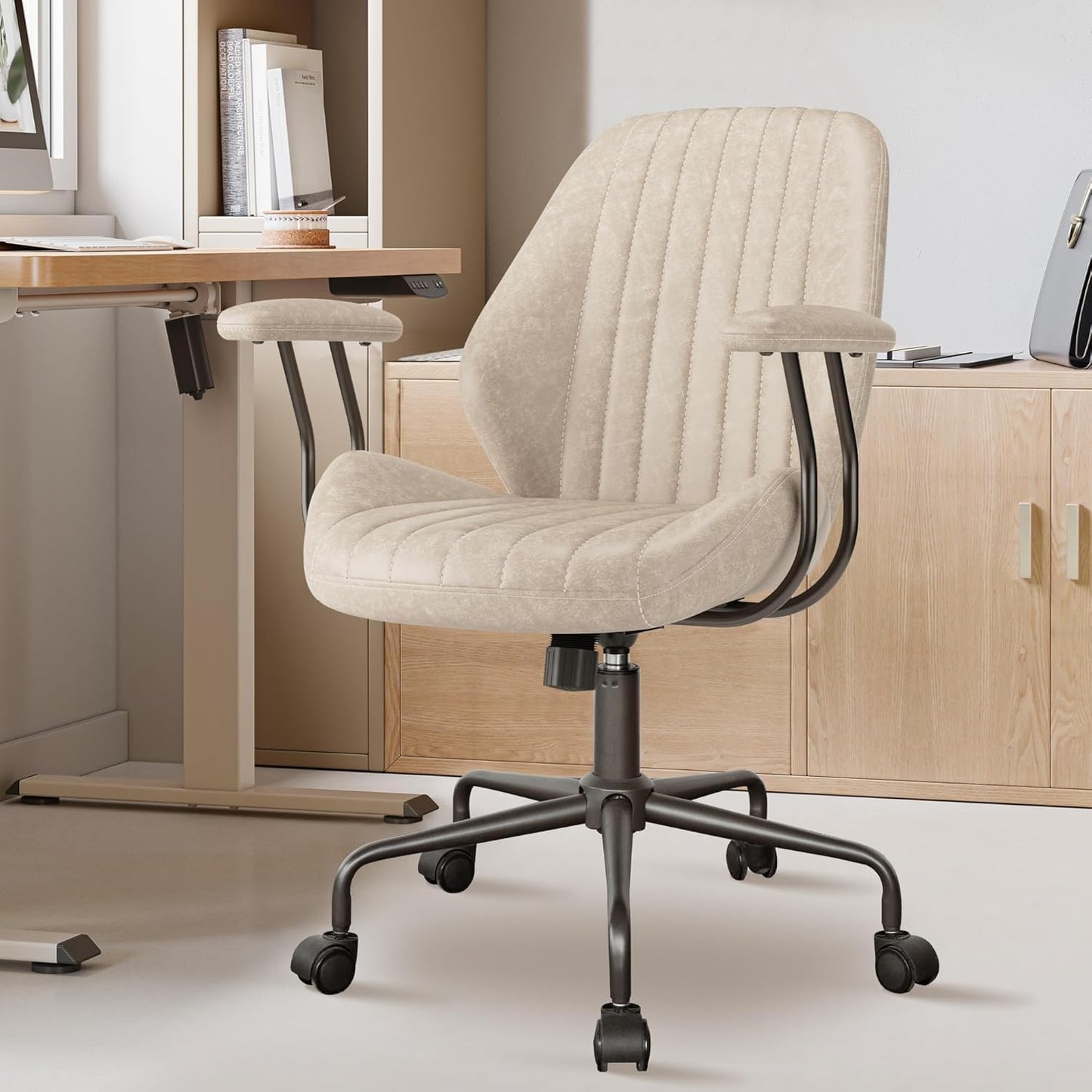 Mid Century Modren Office Chair - Swivel Executive Chair with Lumbar Support, Mid Back Ergonomic Computer Desk Chair with Wheels,Faux Lether Suede Task Chair,350lbs (Beige, Mid Back)