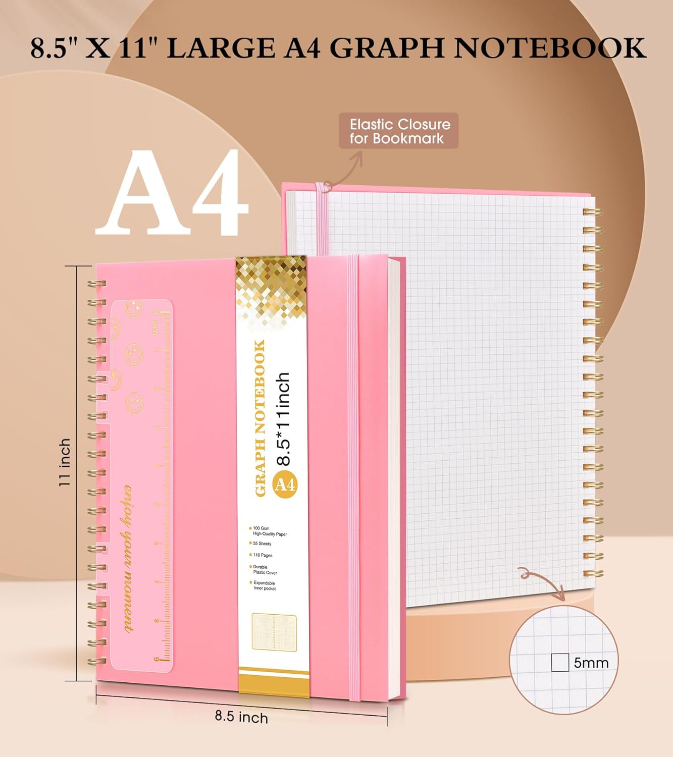 Graph Paper Notebook, Spiral Notebook Journal 8.5” x 11”, A4 Large Grid Notebooks for Women Men, 100 GSM Graph Paper, Plastic Hardcover Spiral Graphing Journals for Work School Engineering, Pink