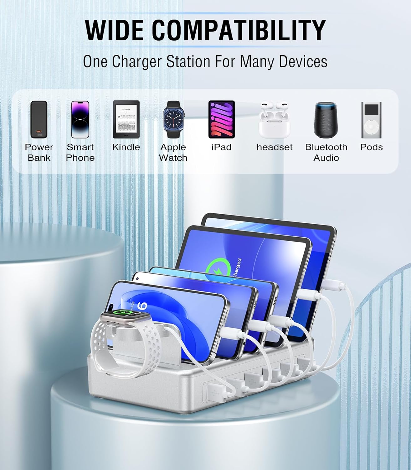 Charging Station for Multiple Devices Apple,50W 6 Port&6 Cables Charging Station for Apple Device with Apple Watch Holder,Charging Dock for Cellphone, Kindle, Tablet and Other Electronic (Sliver)