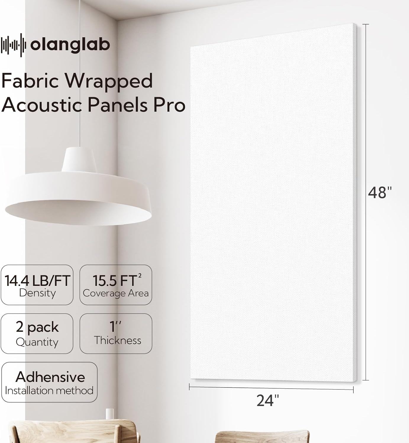 Olanglab Acoustic Panels 2 Pack, 48''x24'' Large Sound Panels, Fabric Wrapped Sound Proof Foam Panels for Walls, Sound Absorbing Panels for Recording Studio Acoustical Treatments (White)