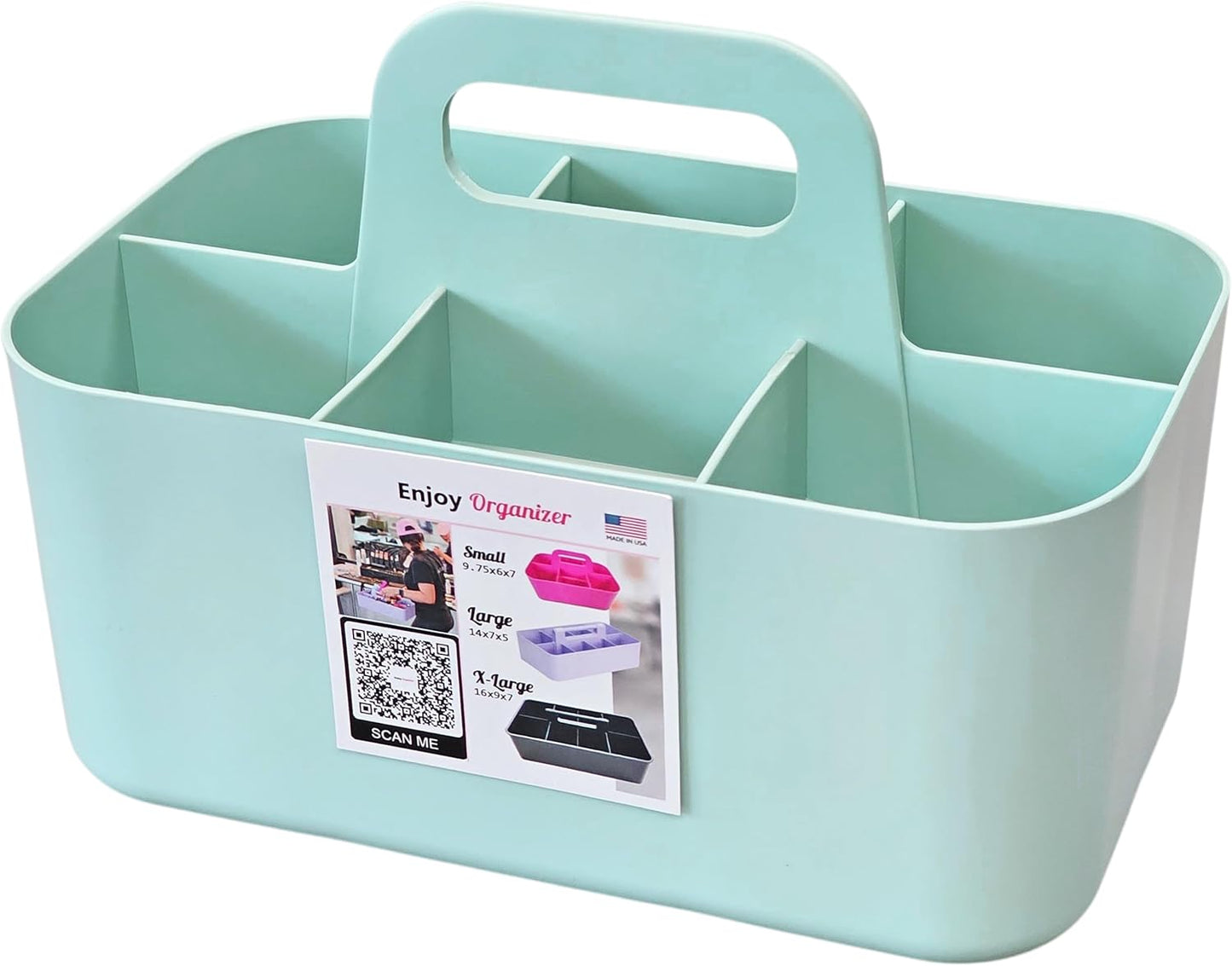 2 Pack Small 6 Compartment Multiuse Caddy Organizer with Handle Art Craft Supplies, Office, Desk, Stationery Pen Holder Stackable- Made In USA (Mint/Gray)