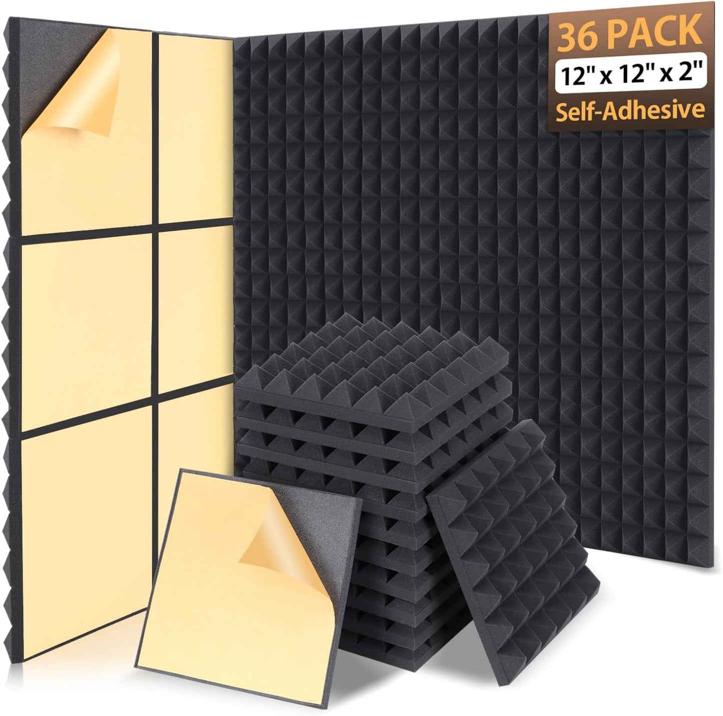 36 Pack Sound Proof Foam Panels for Walls 12" X 12" X 2" Pyramid Acoustic Foam Panels with Self-Adhesive High Density Soundproof Wall Panels for Studio and Home