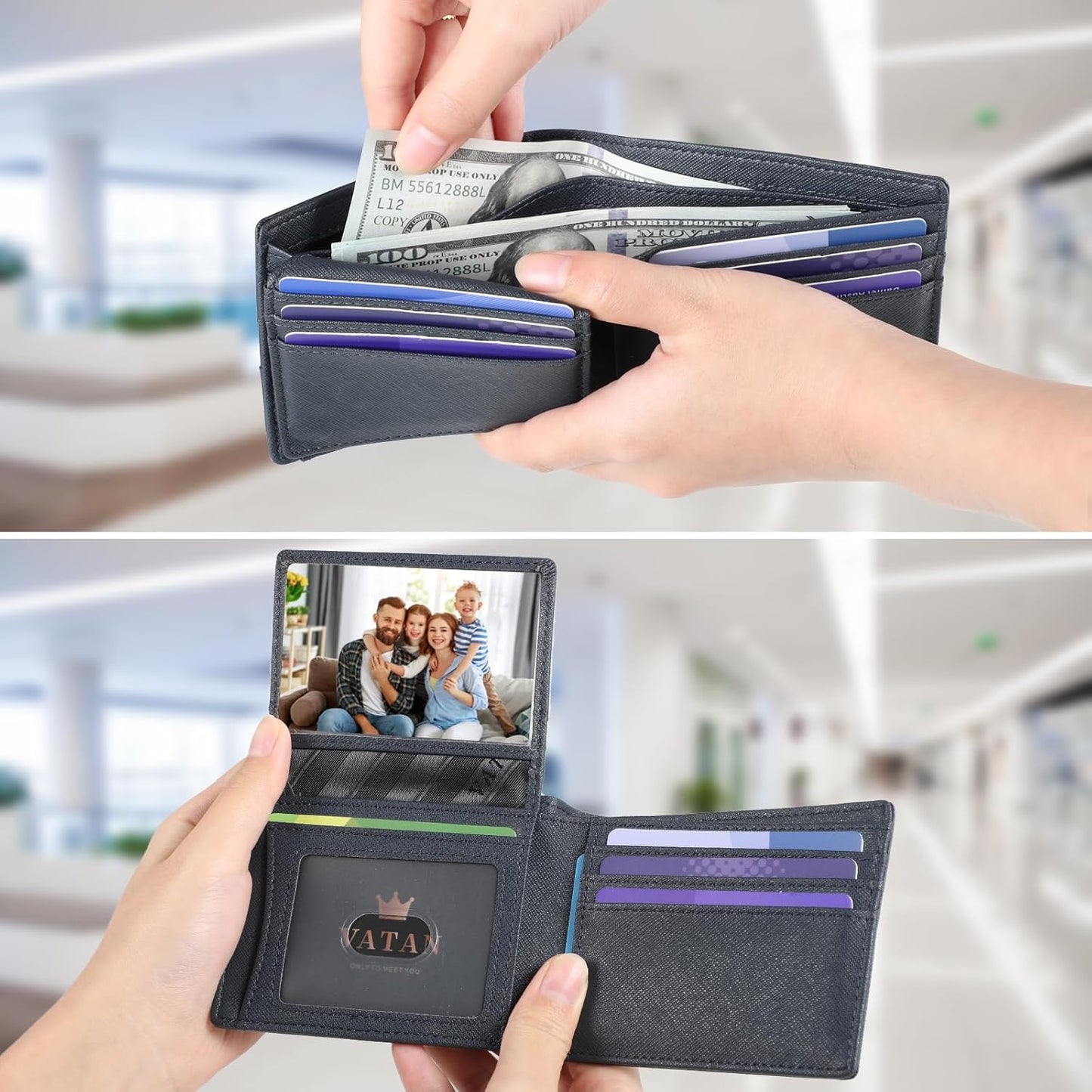 VATAN Wallet for Men, Mens Minimalist Wallet Credit Card Holder, Slim Leather Rfid 2 ID Window Large Capacity With Gift Box (Cross Grain Deep Blue)