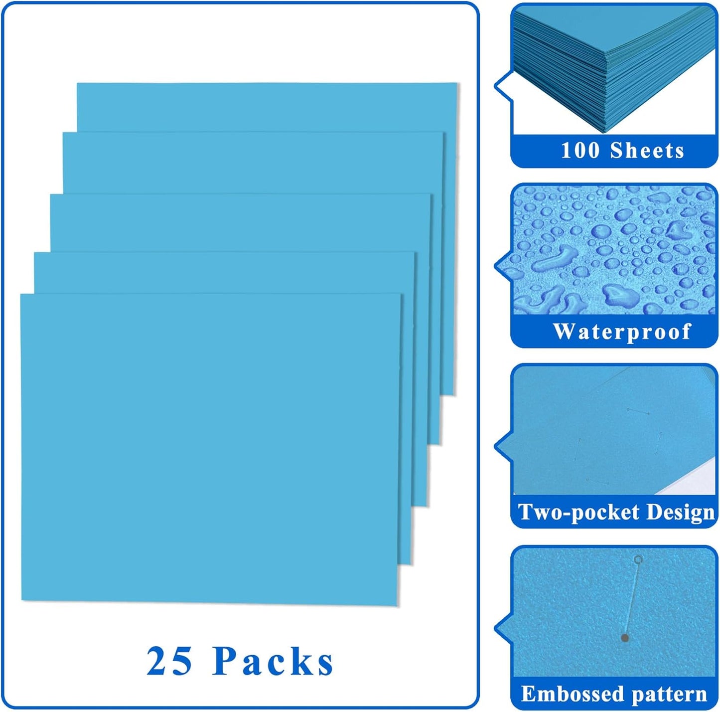 Zzrywuty File Folders with Pockets Letter Size, 25-Pack Paper Folders with Card Slot, Two Pocket Folders for School Students, Businessmen, Home and Office Workers（Light Blue）