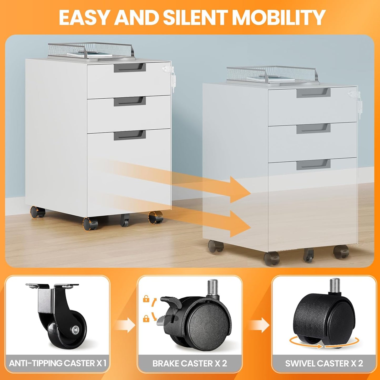 3 Drawer File Cabinet with Lock, Fully Assembled Metal Mobile Filing Cabinets for Home Office, Small Rolling File Caninet on Wheels for Legal/Letter / A4 File, White