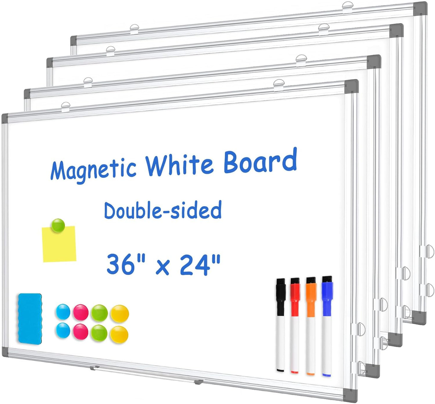 WALGLASS 4 Pack White Board, 36" x 24" Double-Sided Dry Erase White Board for Wall, Hanging Mounted Whiteboard, Horizontal or Vertical Silver Aluminium Frame for Home, School, Office, Kitchen