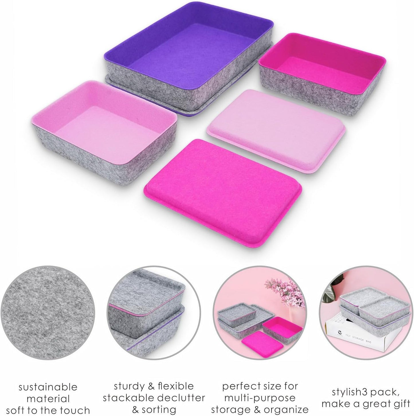 Welaxy Lidded Felt Drawer Organizer Trays with lids Desktop Organizer Bins Storage box for crafts office supplies pen Junk Makeup Stationery Organize 3-Pack ( light pink + hot pink + purple)