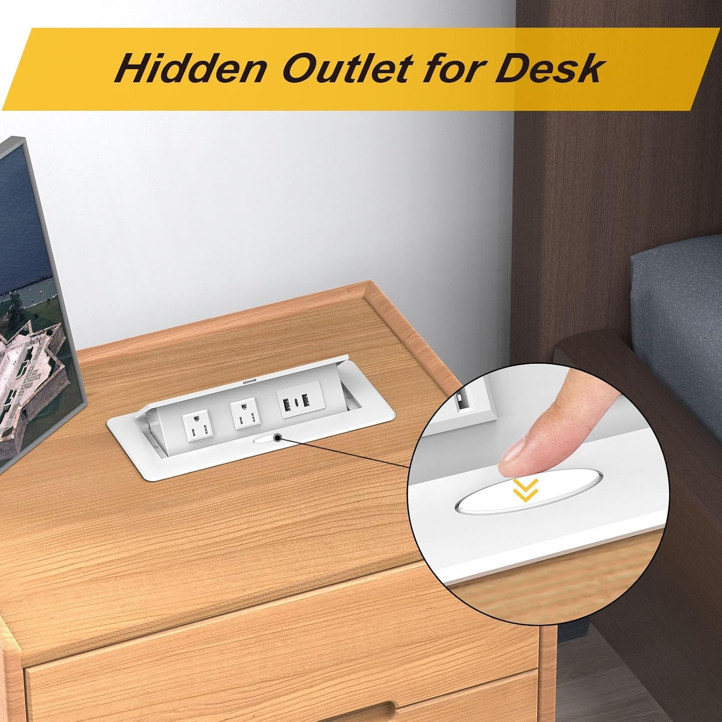 UL Listed Recessed Power Strip, Pop Up Power Cover Box Desktop Socket with USB C Charging Ports, Stainless Steel Receptacle Outlet for Conference Room Countertop (White-USB C)