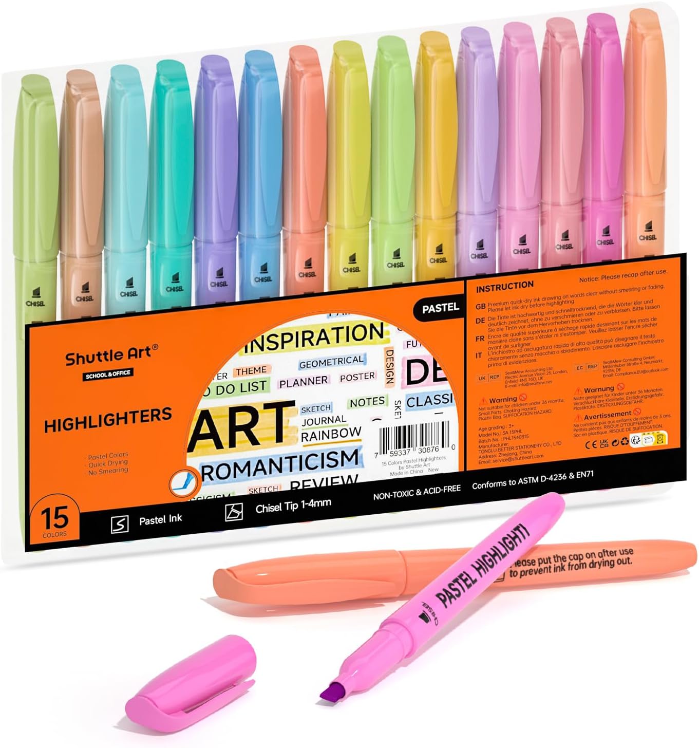 Shuttle Art Highlighters, 15 Colors Pastel Highlighter Pens Assorted Colors, Chisel Tip Dry-Quickly Non-Toxic Highlighter Markers for Adults Kids Highlighting in the Home School Office