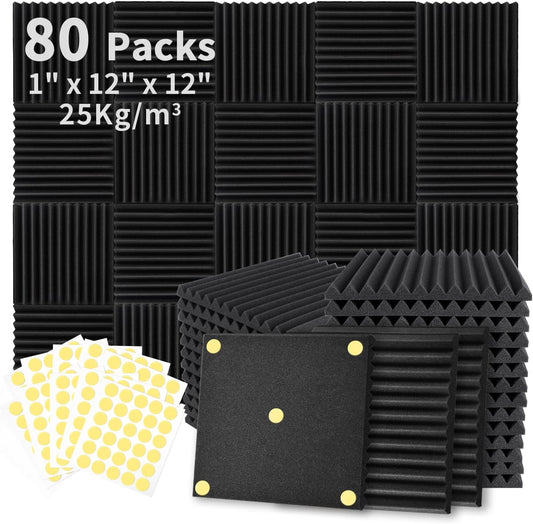80 Pack Acoustic Foam Panels 1" x 12" x 12" Sound Proof Foam Panles Soundproofing Noise Cancelling Wedge Panels for Home Office Recoding Studio with 420PCS Double-Side Adhesive