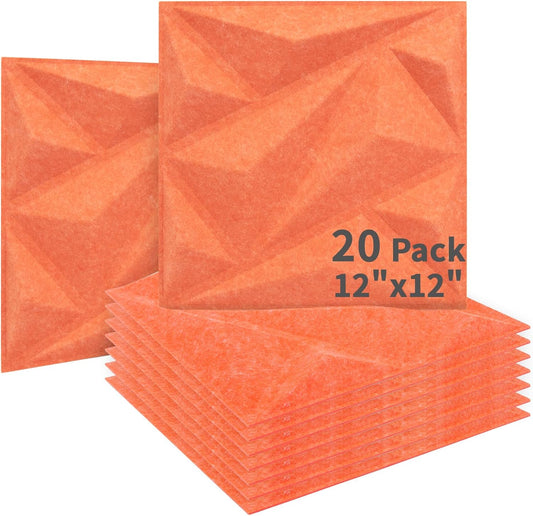 Art3dwallpanels Acoustic Panels 20 Pack Soundproof Wall Panels Sound Dampening Panels, 3D Wall Panels Sound Absorbing Panels, 12" X 12", Orange Red with Tape