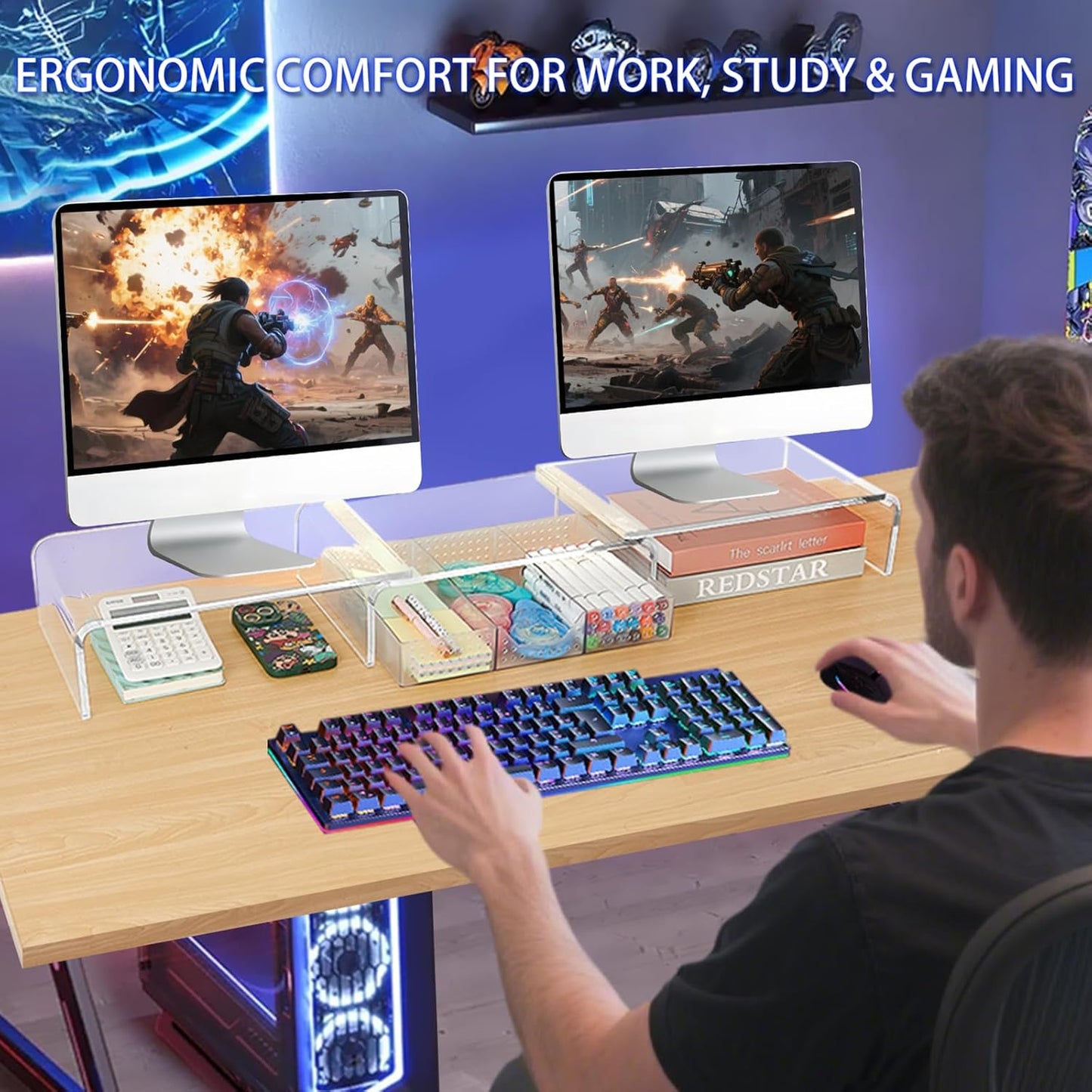 Clear Acrylic Desk Organizers and Accessories, Dual Computer Monitor Stand Riser with Drawer, Desk Shelf for Monitor, Workspace Desktop Organization for Office Supplies