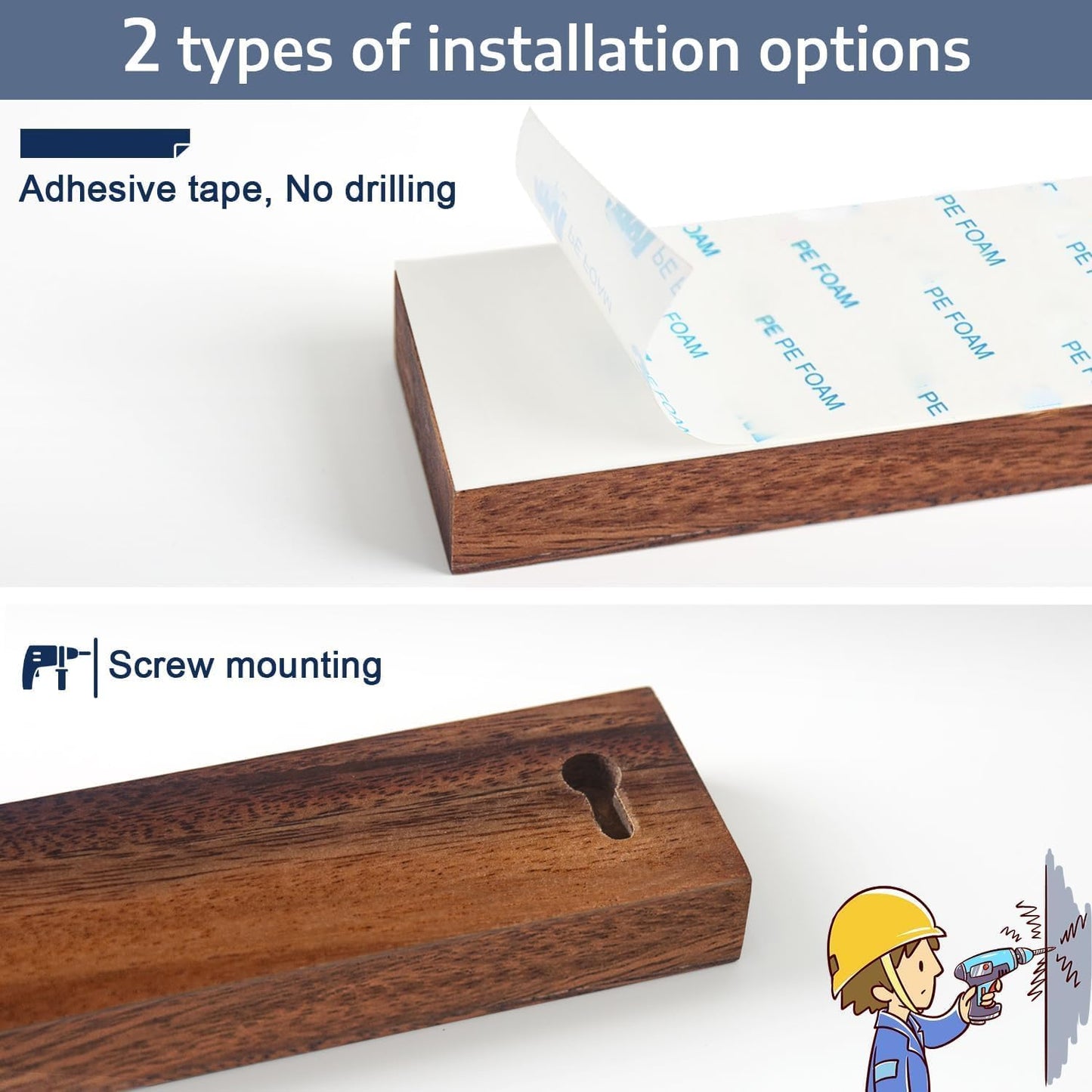 Dmore magnetic knife holder for wall—with 2 hooks, No Drilling 23 Inch walnut knife magnetic strip, Powerful knife magnet rack, include Adhesive Tape and screws for Knives, Utensils, and Tools