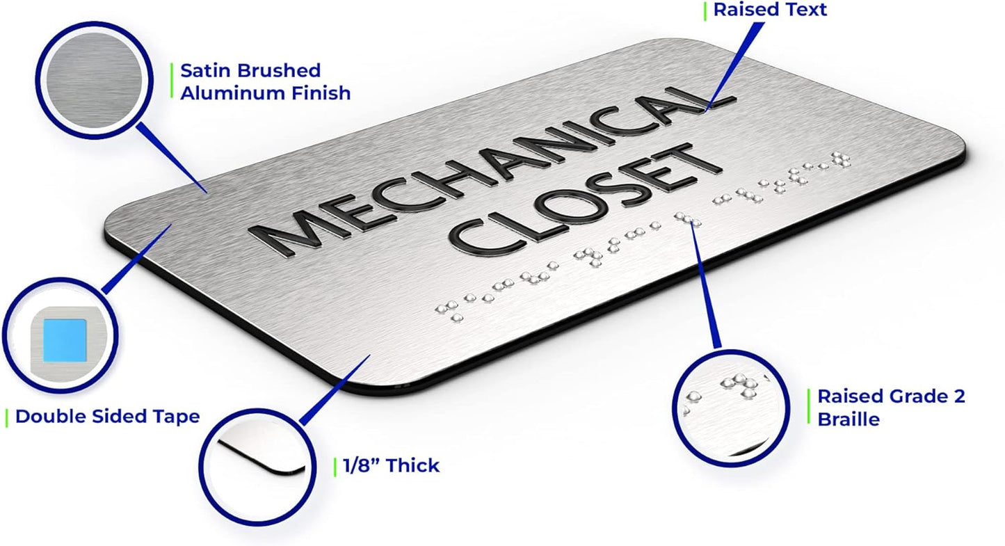 ADASigns Mechanical Closet Sign 7" W x 4" H - Durable Brushed Aluminum with Grade 2 Braille - Easy Installation with Strong Double-Sided Tape - ADA Compliant Office Door Signs for Businesses & Offices
