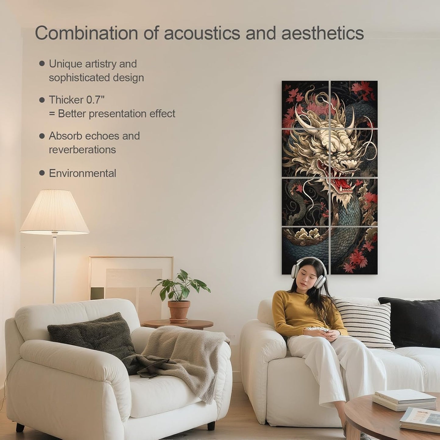 UMIACOUSTICS 8 Pcs 0.7Inch Thick Art Acoustic Panels, Total 47.2” x 23.6” Decorative Sound Absorbing Wall Panels for Home, Office, Hotel, Dragon-pattern-Painting