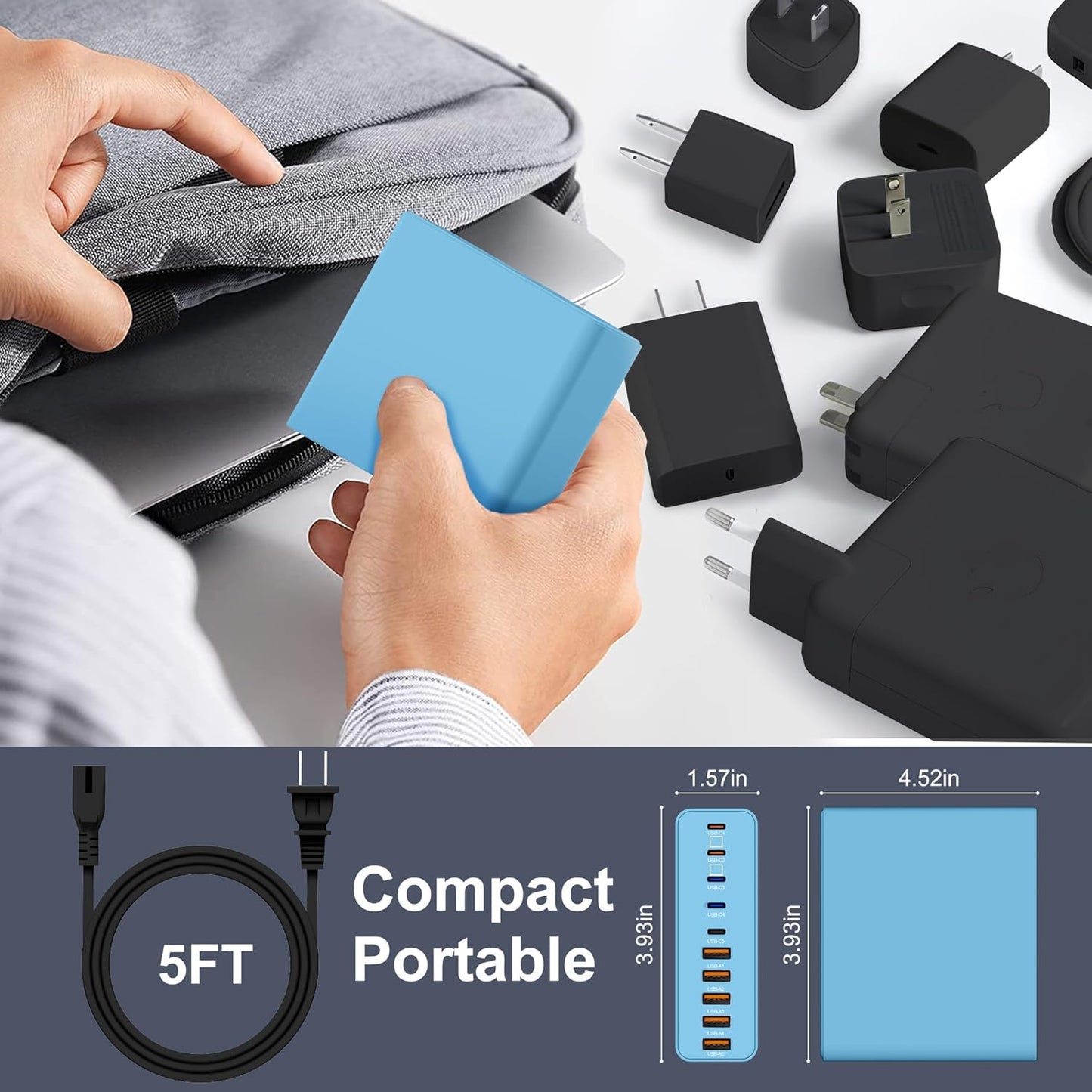 420W USB C Charger Block,10-Port Charging Station GaN Fast Charging Type C & USB A Wall Charger Adapter for MacBook Pro/Air,iPhone,iPad,Dell XPS,Samsung Galaxy(Blue)