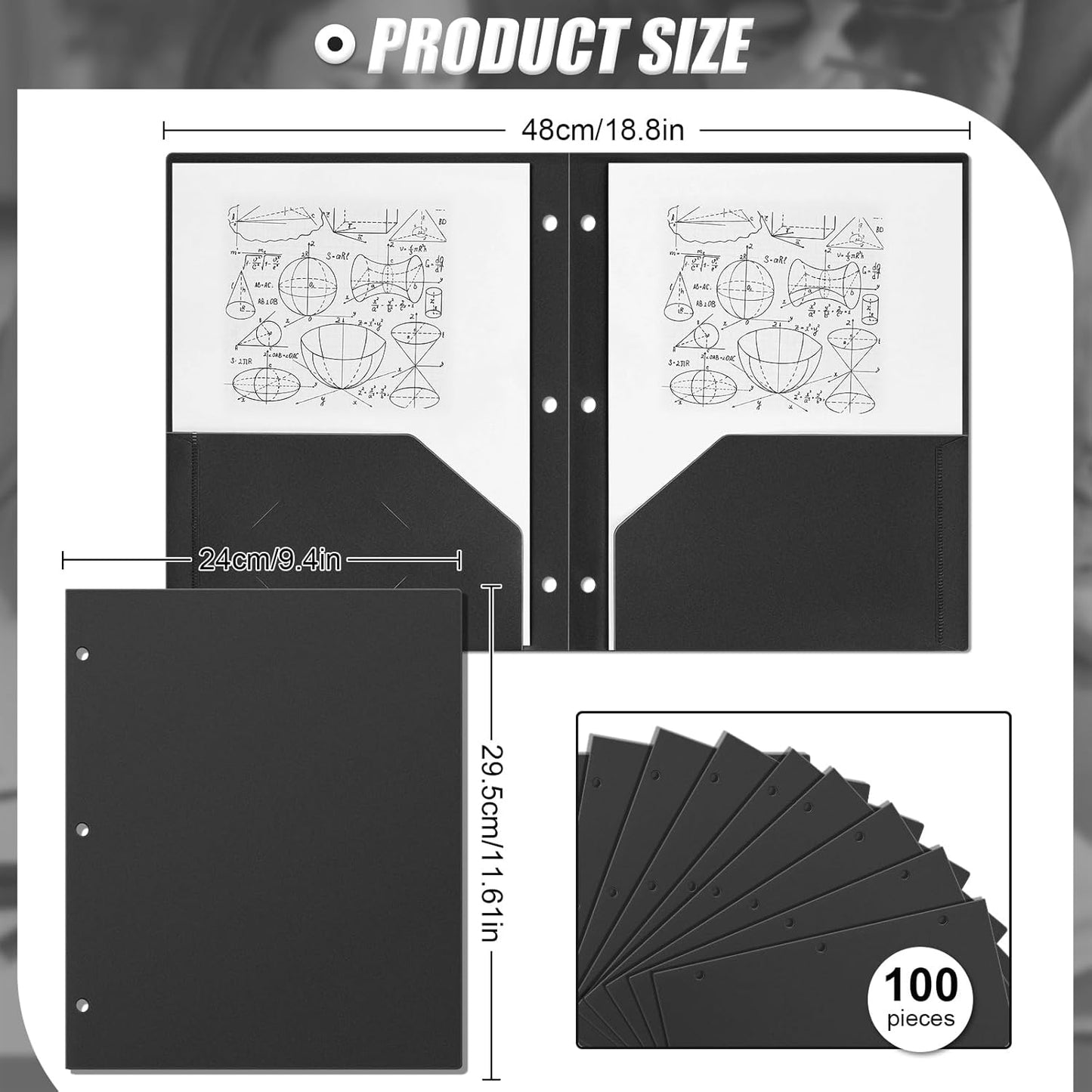 Yeaqee 100 Pcs Plastic Folders with Pockets Bulk 3 Hole Punched 2 Pocket File Folders for 3 Ring Binder Divider Folder for Notebooks, Durable Poly for Office Home (Black)