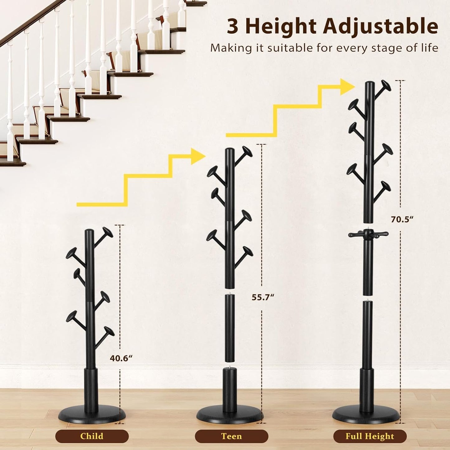 Solid Wood Coat Rack Freestanding Coat Tree with 10 Hooks for Bedroom, Livingroom, Entryway, Sturdy Coat Hanger Stand for Hats, Coats, Scarves, Handbags, Purses