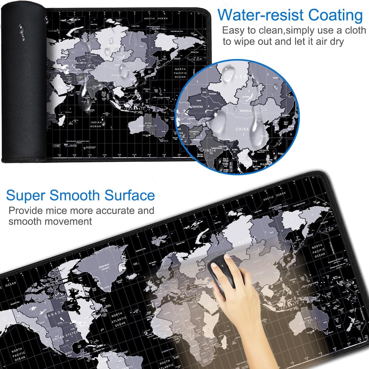 Large Mouse Pad, 31.5x15.7 inch Large Extended Computer Keyboard Mouse Mat, Water Resist Non-Slip Mousepad Rubber Base Long XXL Desk Mouse Pad for Work & Gaming, Office & Home, Grey Map