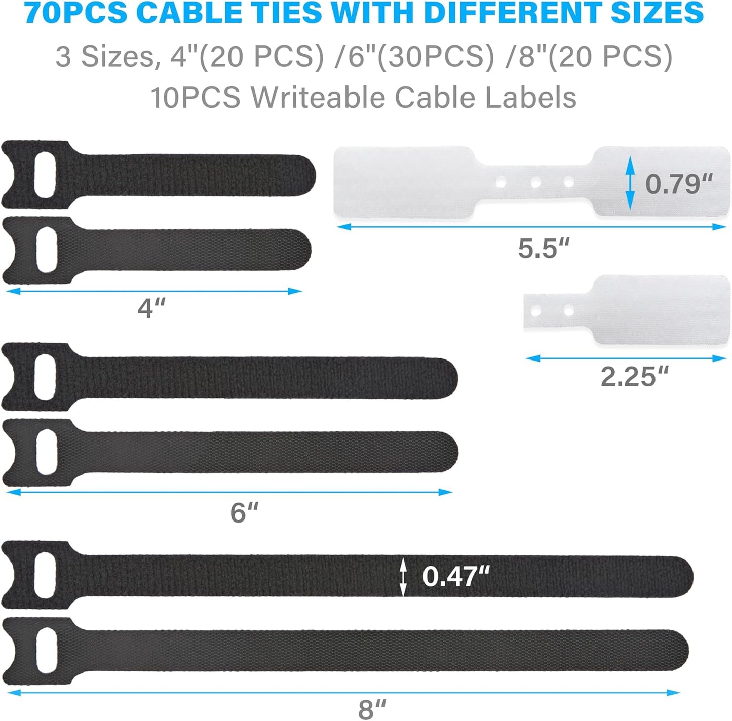 70 PCS Reusable Cable Ties with Hook and Loop, Multi-purpose Adjustable Cable Management Wire Ties & 10 PCS Cable Labels, Cord Organizer for Home, Office and Data Centers (4/6/8 Inch, Black+Grey)
