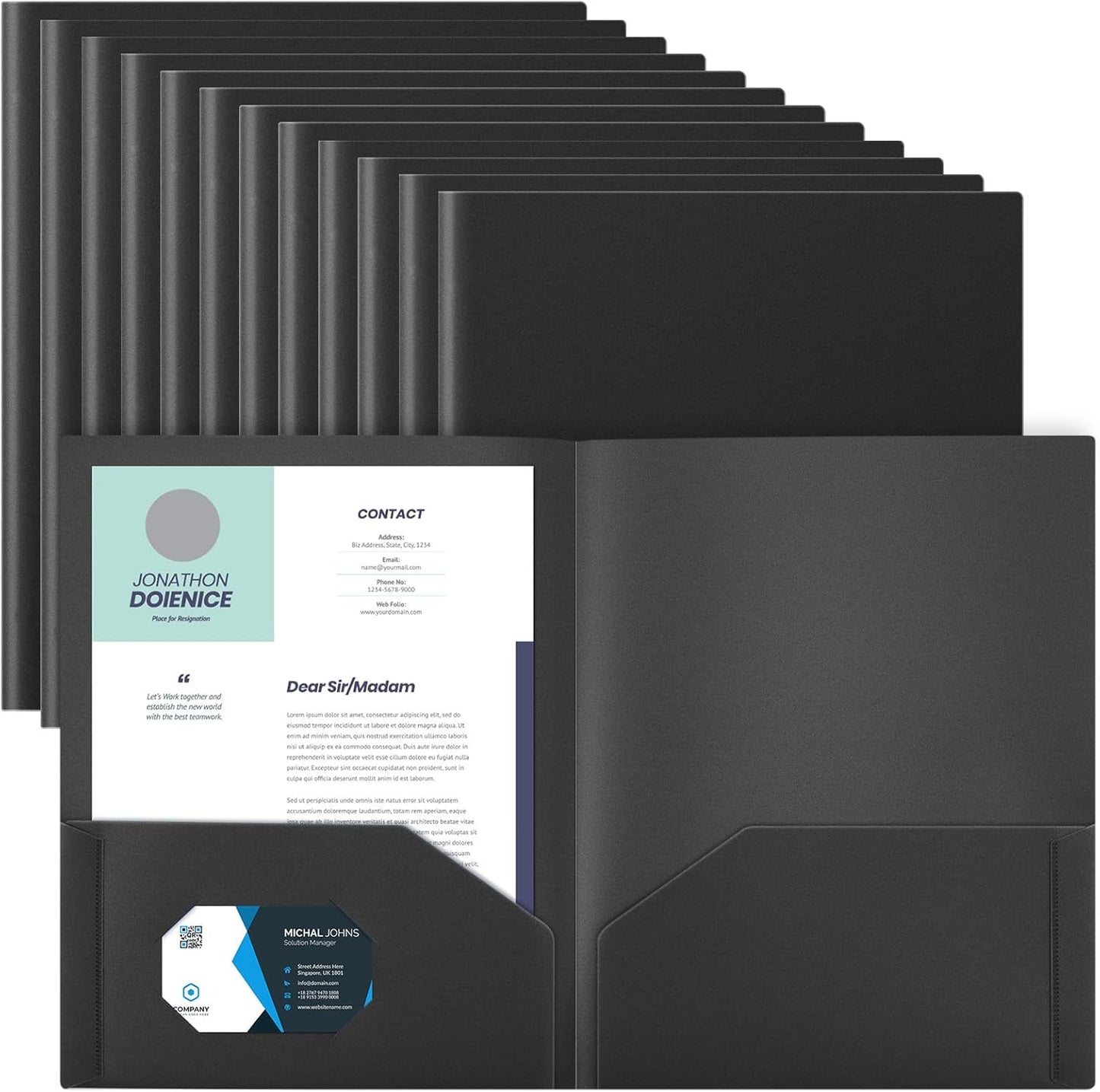 Gueevin 24 Pcs Plastic Folders with Pockets, Back to School Two Pocket Folder Fit Letter Size, Heavy Duty School Business Card Holder for Home Office, 11. 61 x 9. 45 Inches (Black)