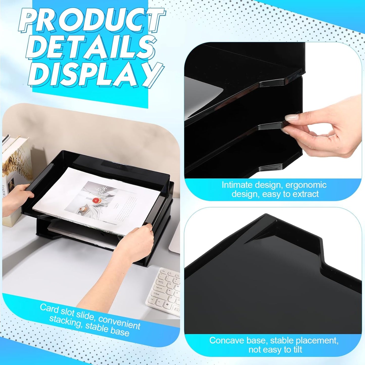 4 Pcs Stackable Letter Tray Rectangular Plastic Desk Organizer 13 x 9.5 x 2.6 in Paper Holder File Tray Accessories Rack for Desktop Office Desk Drawers (Black)