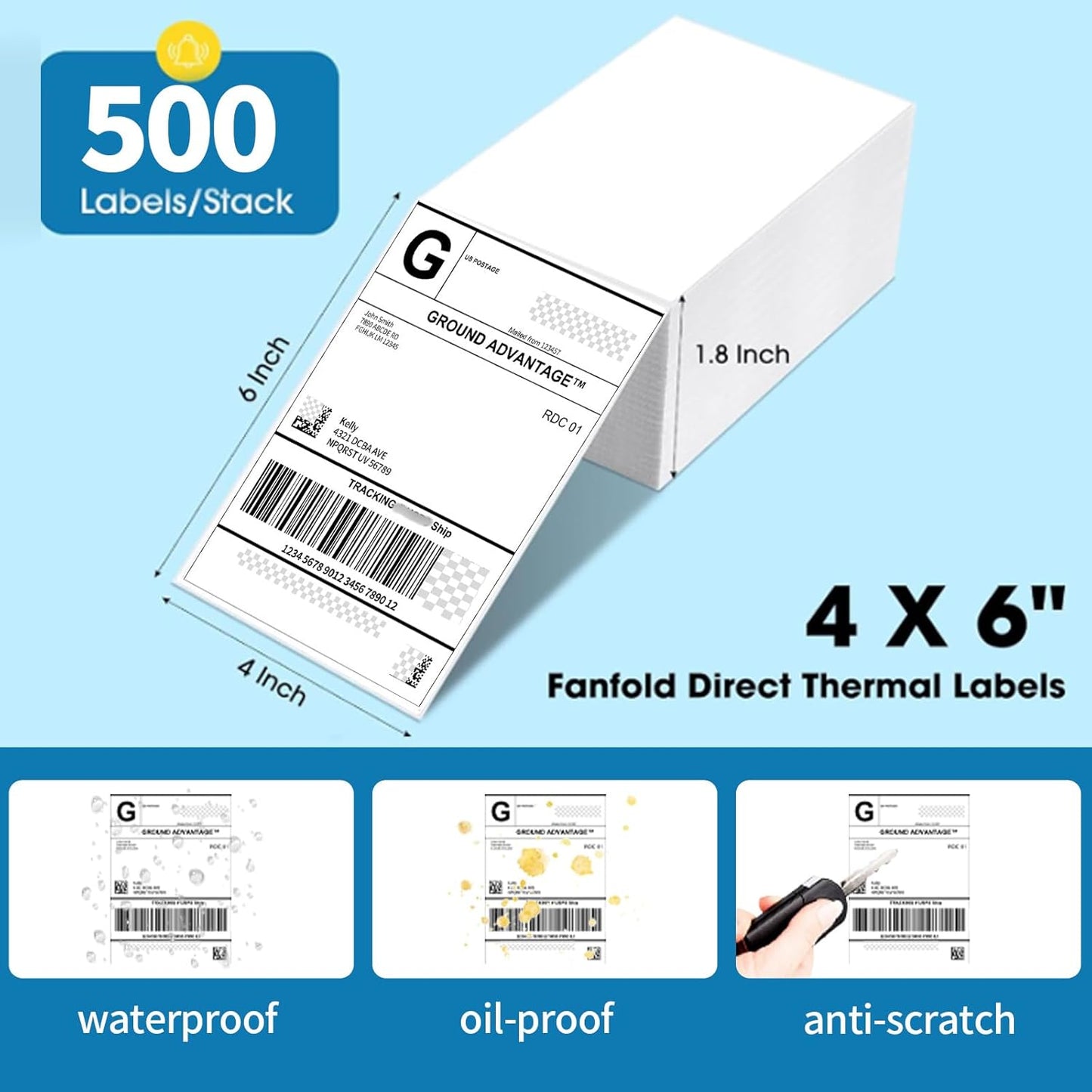 4"×6" Direct Thermal Shipping Label, Fanfold Thermal Label 4000 Packs (500packs Per Stack) Permanent Adhesive, Compatible with Zebra, Rollo, Jadens, Nelko