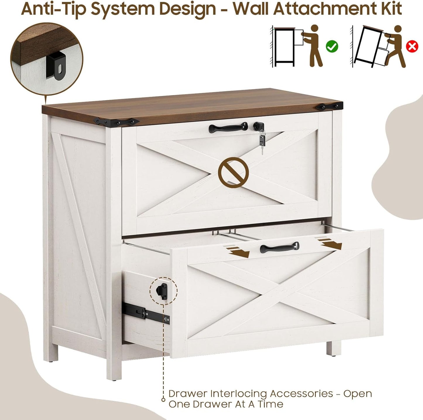 Lateral File Cabinet with 2 Large Drawers, Farmhouse File Cabinet with Lock for Letter/Legal/A4 Size Hanging Files, Wood File Storage Cabinets Printer Stand for Home Office Cabinets, Rustic White