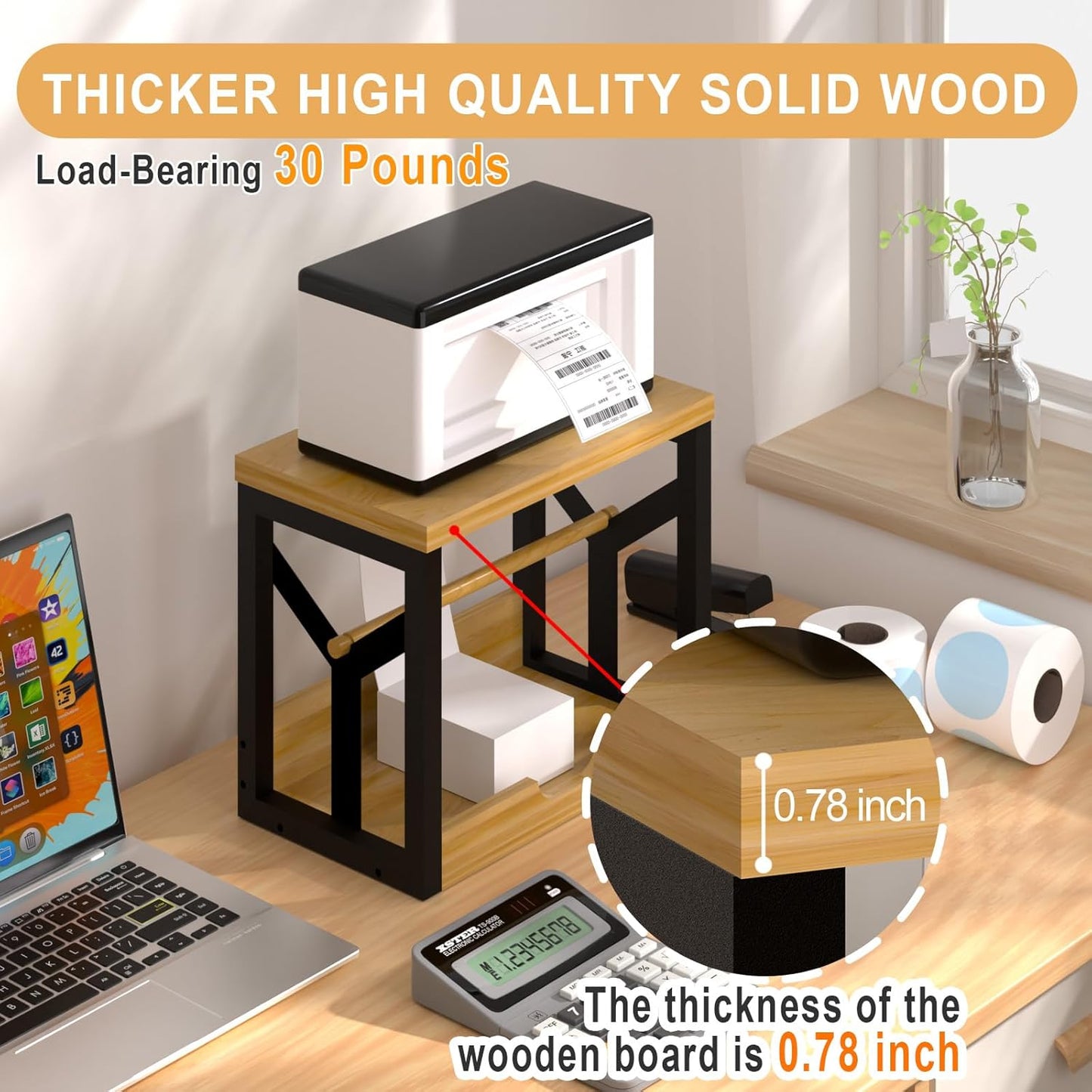 AO LI GEI Label Holder for Rolls and Fan-Fold Labels,Wooden Thermal Label Roll Holder for Shipping Label Stand Desktop Printer Holder for Home Office Accessory Sticker Dispenser